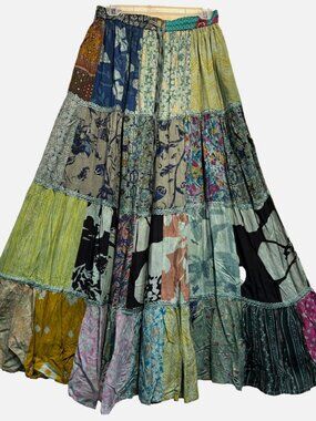 Nwt FUNKY STUFF boho hippy patch rayon elastic waist maxi SKIRT L
